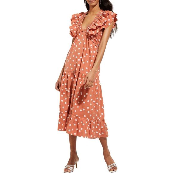 Roller Rabbit Womens Dress Small Clay Pink Ondine Polka Dot Midi Preppy Prairie - Picture 1 of 11